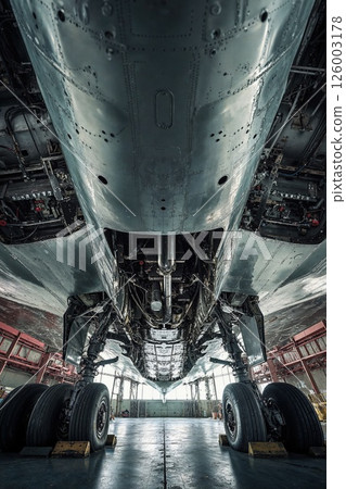 Industrial elegance: close-up of aircraft undercarriage in maintenance hangar Industrial elegance: close-up of aircraft undercarriage in maintenance hangar 126003178