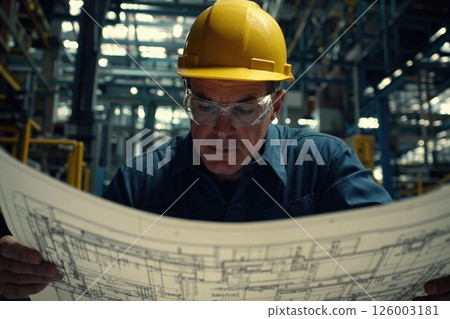Industrial engineer analyzing blueprint in modern factory setting for efficient project planning and innovation Industrial engineer analyzing blueprint in modern factory setting for efficient project planning and innovation 126003181