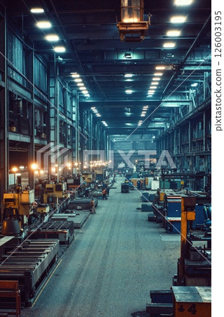 Industrial factory interior with machinery and atmospheric lighting for manufacturing innovation and production design concepts 126003195