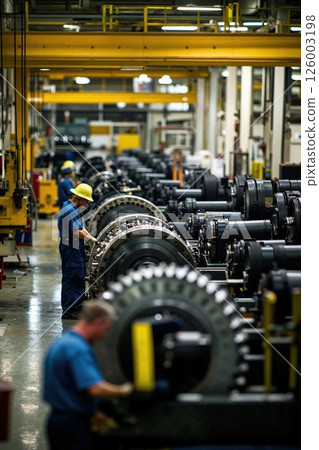 Industrial factory workflow with engineers and machines in modern production line setting Industrial factory workflow with engineers and machines in modern production line setting 126003198