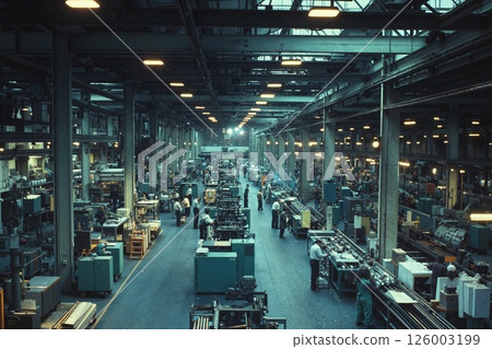 Industrial factory workflow with machinery and workers in a metallic warehouse interior Industrial factory workflow with machinery and workers in a metallic warehouse interior 126003199