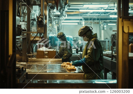 Industrial food processing: workers in hygiene gear ensuring quality in a high-tech facility Industrial food processing: workers in hygiene gear ensuring quality in a high-tech facility 126003200