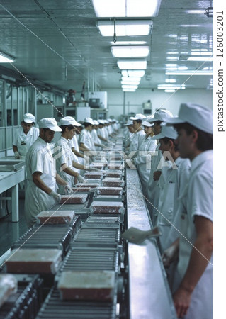 Industrial food production line with uniformed workers in factory setting for manufacturing and quality control Industrial food production line with uniformed workers in factory setting for manufacturing and quality control 126003201