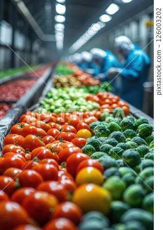 Industrial fruit and vegetable sorting in a modern facility with workers in protective gear for quality assurance and efficiency Industrial fruit and vegetable sorting in a modern facility with workers in protective gear for quality assurance and efficiency 126003202