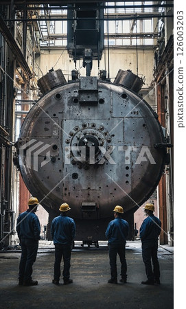 Industrial heritage revival: engineers inspecting vintage machinery in abandoned factory for historical restoration and innovation Industrial heritage revival: engineers inspecting vintage machinery in abandoned factory for historical restoration and innovation 126003203