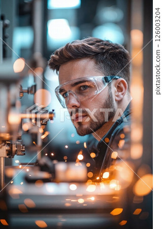 Industrial innovation and precision engineering: focused technician amidst metalwork sparks 126003204