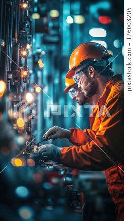 Industrial innovation focused engineers in factory setting with advanced machinery and safety gear Industrial innovation focused engineers in factory setting with advanced machinery and safety gear 126003205