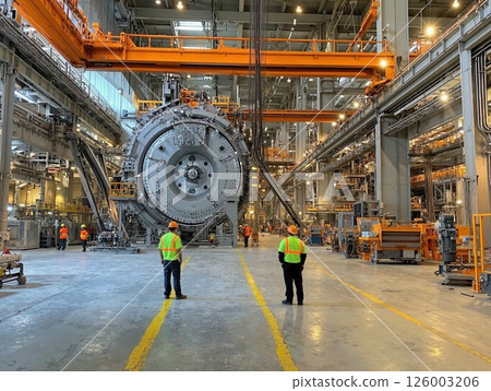 Industrial innovation hub: modern manufacturing facility with workers in high-visibility gear Industrial innovation hub: modern manufacturing facility with workers in high-visibility gear 126003206