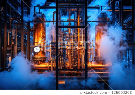 Industrial innovation: futuristic factory scene with metallic machinery and ambient steam Industrial innovation: futuristic factory scene with metallic machinery and ambient steam 126003208
