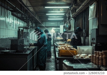 Industrial kitchen at night: chefs in protective gear preparing meals in efficient urban setting 126003210