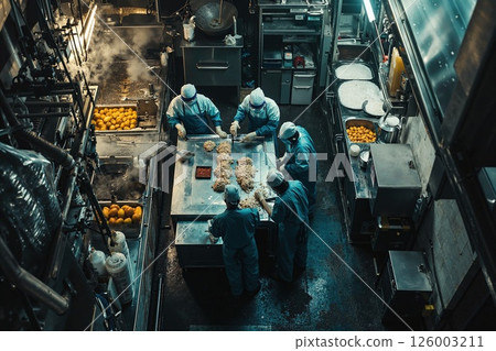 Industrial kitchen team preparing bulk meals in busy stainless steel environment Industrial kitchen team preparing bulk meals in busy stainless steel environment 126003211