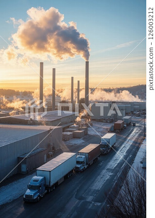 Industrial landscape at sunrise - emission control and sustainability in modern manufacturing Industrial landscape at sunrise - emission control and sustainability in modern manufacturing 126003212