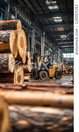 Industrial timber yard scene highlighting lumber stacks and forklift operations in wood processing facility 126003262