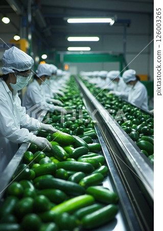Industrial vegetable processing: workers sorting fresh zucchinis in modern factory setting Industrial vegetable processing: workers sorting fresh zucchinis in modern factory setting 126003265