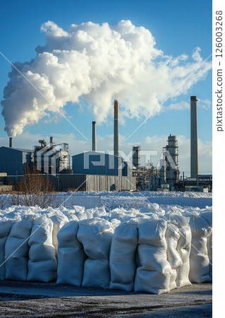 Industrial winter landscape with smokestacks and snow-covered sacks for environmental impact awareness campaign 126003268