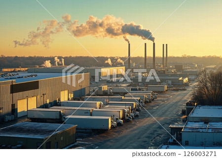 Industrial winter morning at logistics hub with smokestacks and trailers in golden light 126003271