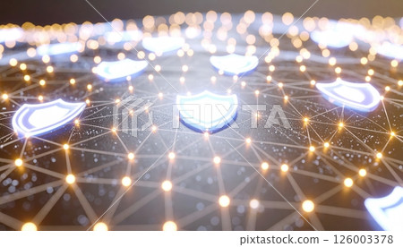 Abstract digital security concept featu glowing shield icons connected by illuminated network lines emphasizing cybersecurity and protection themes Abstract digital security concept featu glowing shield icons connected by illuminated network lines emphasizing cybersecurity and protection themes 126003378