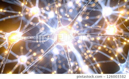Close-up view of illuminated neurons with synapses and neural connections against a dark background representing brain activity and electrical signaling Close-up view of illuminated neurons with synapses and neural connections against a dark background representing brain activity and electrical signaling 126003382