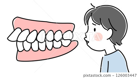 Illustration of a child suffering from protruding teeth (upper jaw protrusion) and their teeth alignment 126003447