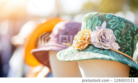 Close up on stylish vintage hats on mannequin heads perfect for fashion or event concepts 126003515