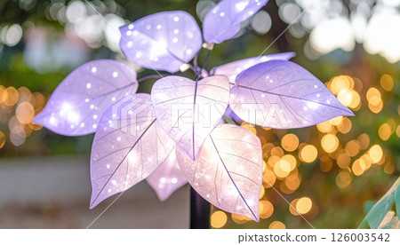 Beautiful purple LED illuminated decorative leaves with glowing lights in outdoor garden setting du nighttime with blurred bokeh background 126003542