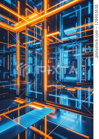 Futuristic neon light maze with reflective surfaces and dynamic colors for modern cyberpunk design projects 126003638