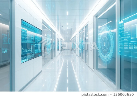 Futuristic technology hallway with holographic displays for digital innovation and advanced data analysis in modern workspace design 126003650