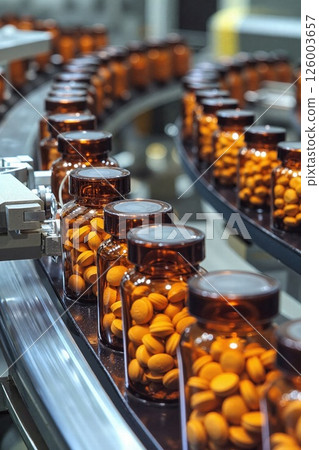 High-efficiency pharmaceutical production line with amber glass bottles containing orange tablets for medicine and health supplement packaging 126003657