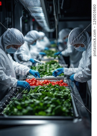 High-tech agriculture facility: workers in protective gear inspecting fresh produce for quality assurance 126003660