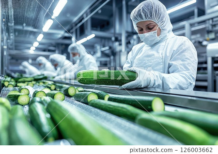 Hygienic food processing in modern facility with workers inspecting fresh cucumbers on conveyor 126003662