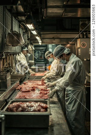 Hygienic meat processing in industrial facility with focus on safety standards and efficiency Hygienic meat processing in industrial facility with focus on safety standards and efficiency 126003663