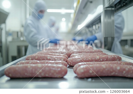 Hygienic sausage production process in a modern food factory with workers in protective gear 126003664