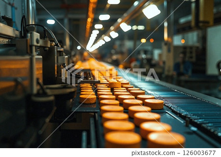 Industrial cheese production line in modern factory setting with automated processes and warm lighting 126003677