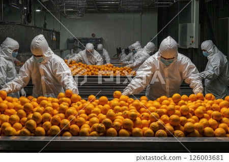 Industrial citrus processing: hygienic orange sorting in modern facilities for food safety and quality assurance 126003681