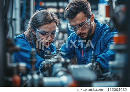 Industrial collaboration: engineers in action with precision machinery for modern manufacturing dynamics 126003683