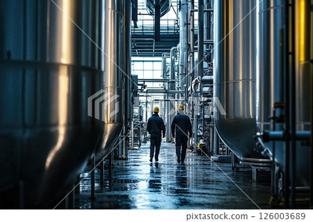 Industrial manufacturing plant interior with workers walking amidst large metallic tanks and modern machinery 126003689