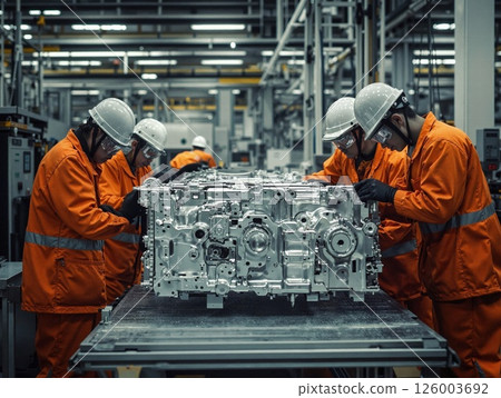 Industrial manufacturing process: workers in orange uniforms assembling machinery in modern factory 126003692