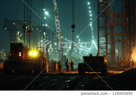 Industrial night scene: urban construction with workers and machinery during twilight Industrial night scene: urban construction with workers and machinery during twilight 126003695