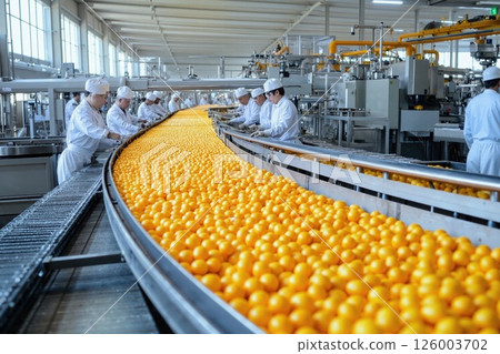 Industrial orange production line with factory workers in uniforms inspecting vibrant fruit for quality control in modern facility Industrial orange production line with factory workers in uniforms inspecting vibrant fruit for quality control in modern facility 126003702