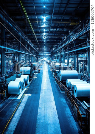 Industrial paper mill interior with high-tech machinery and rollers in symmetrical blue tones for manufacturing and production themes Industrial paper mill interior with high-tech machinery and rollers in symmetrical blue tones for manufacturing and production themes 126003704