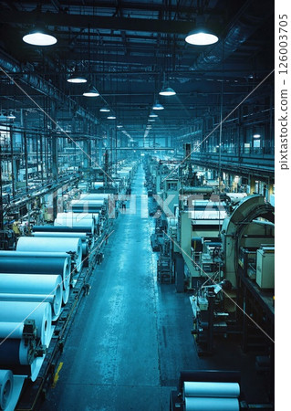 Industrial paper mill interior with machinery in blue tones for manufacturing and production concepts 126003705