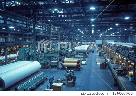 Industrial paper mill operations with machinery and rolling paper in a manufacturing facility 126003706