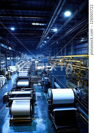 Industrial printing press machines in modern factory with blue tones for manufacturing and production concepts 126003722