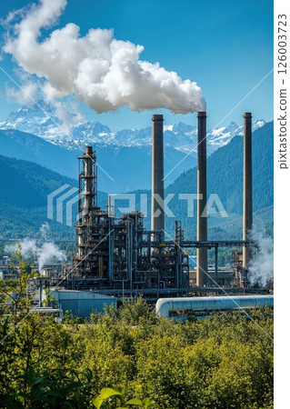Industrial refinery amidst majestic mountain landscape with lush green foliage 126003723