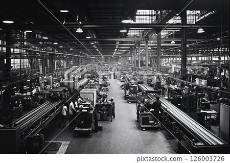 Industrial revolution era factory interior capturing 20th century manufacturing process and workforce dynamics in black and white 126003726