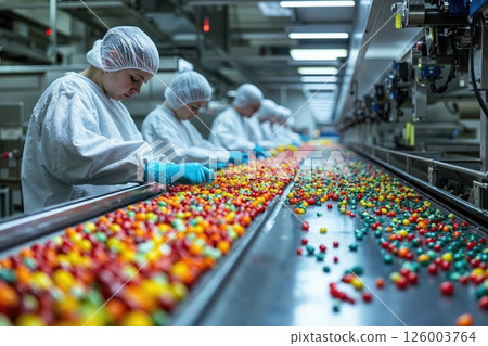 Factory workers sorting colorful candy on production line for manufacturing and quality control in confectionery industry 126003764