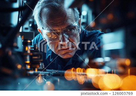 Focused engineer in industrial setting with precision tools and machinery amidst warm lighting Focused engineer in industrial setting with precision tools and machinery amidst warm lighting 126003769