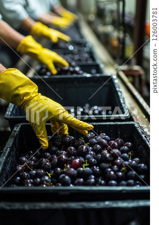 Fresh grape sorting process in industrial winery: workers in yellow gloves ensuring quality control in fruit production 126003781