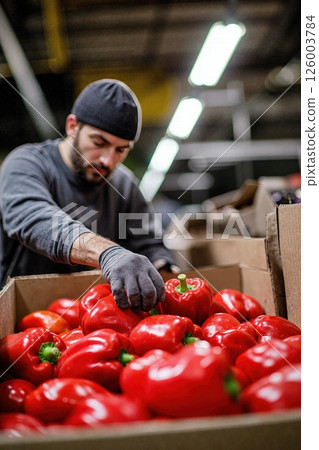 Fresh produce sorting in a market warehouse: efficient handling of vibrant red bell peppers for retail distribution Fresh produce sorting in a market warehouse: efficient handling of vibrant red bell peppers for retail distribution 126003784