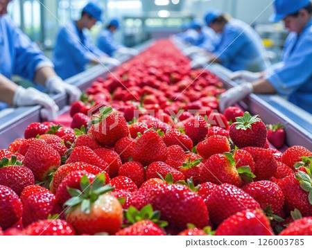 Fresh strawberry harvest in food processing factory highlighting quality control and agriculture practices Fresh strawberry harvest in food processing factory highlighting quality control and agriculture practices 126003785